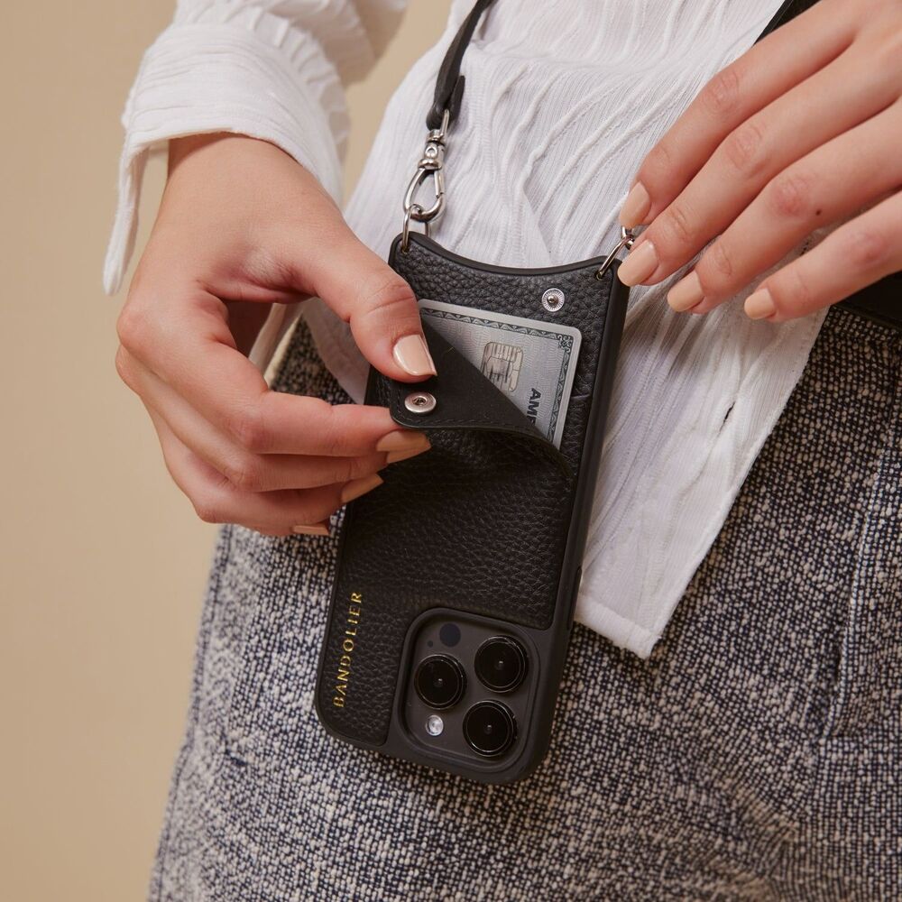 Bandolier Emma Black Pebble Leather Crossbody With Bobby Strap Iphone 13 Pro